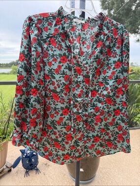 Pleione Red Floral Button-Front Blouse on Mint Green